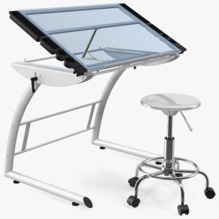 3D model Triflex Adjustable Glass Drawing Table with Stool White