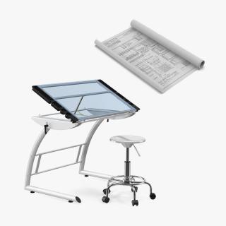 3D Drafting Table with Blueprints Collection