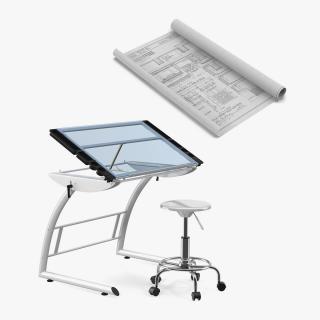 3D Rigged Drafting Table with Blueprints Collection model