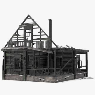 Burnt Wooden House Green Without Roof 3D