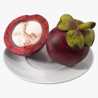 3D model Whole and Half Cut Mangosteens on White Plate