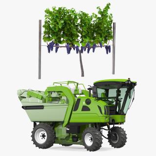 Rigged Grape Harvester with Vineyard Collection 3D