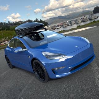 3D Tesla with Thule Car Roofbox on Roof Rack 2 model