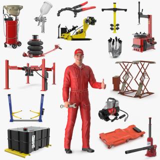 3D Rigged Auto Mechanic with Garage Equipment Collection model