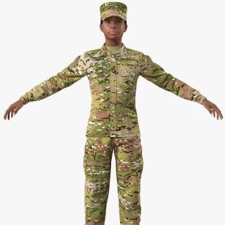 3D Black Female Soldier Camo T Pose Fur