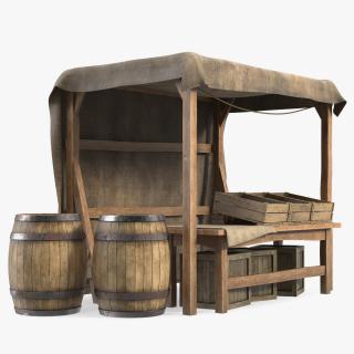 3D Medieval Market Stand with Barrels 2