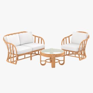 Vintage Rattan Furniture with Cushions Set 3D