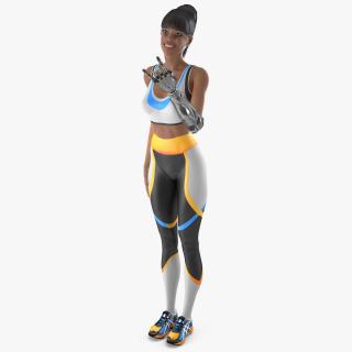 3D Athletic Woman with Futuristic Bionic Arm Rock Pose