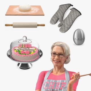 3D Elderly Woman with Cake Preparings  Collection