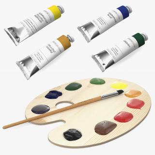 3D model Wooden Art Palette with Oil Paint Tubes Collection