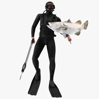 Diver with Underwater Speargun and Fish 3D model