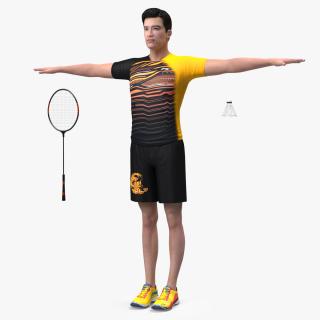 3D Asian Man with Badminton Racket T Pose model