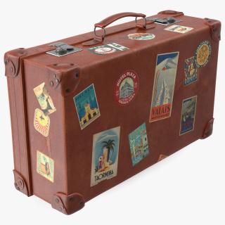 3D Vintage Leather Suitcase Medium Brown with Travel Stickers model