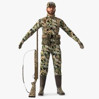 3D Duck Hunter With Gun A-pose in Forest Camo Fur