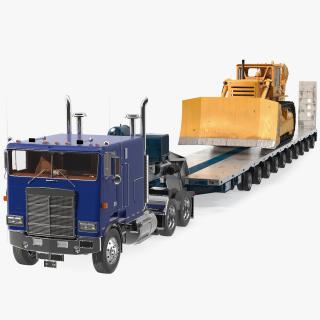 3D model Cabover Truck with Bulldozer on Heavy Transport Trailer