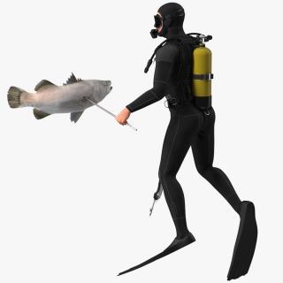 3D model Diver with Underwater Speargun and Fish Rigged for Maya