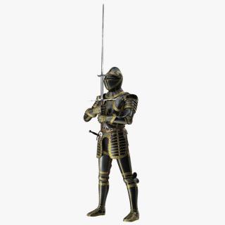 3D Medieval Knight Black Gold Full Armor Holding Zweihander Pose