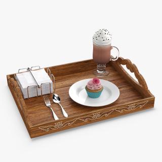 Wooden Serving Tray with Hot Beverage and Cupcake 3D model