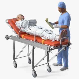 3D Paramedic with Patient in Straitjacket on Stretcher