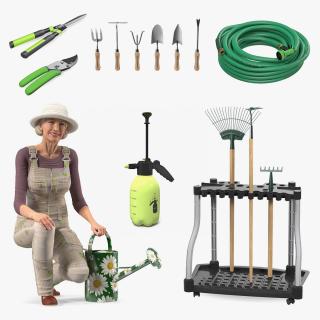 3D model Old Lady with Gardening Tools Collection