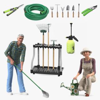 3D Old Lady and Man with Gardening Tools Collection model