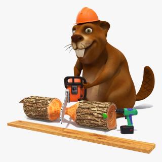 3D Cartoon Beaver with Tools Set Rigged