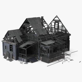 3D Burnt Wooden Down House Blue model