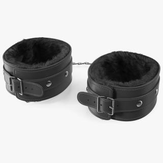 Leather Handcuffs Black with Fur 3D