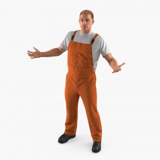 Worker Wearing Orange Overalls Rigged 3D