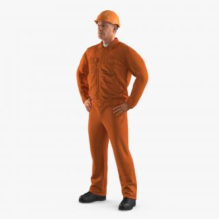 Factory Worker Orange Overalls with Hardhat Standing Pose 3D