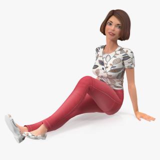 Cartoon Young Woman Casual Clothes Sitting Pose 3D