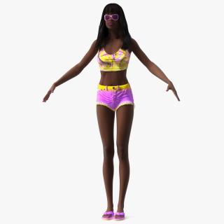 3D Beach Style Young Black Woman T Pose