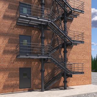 Fire Escape Black with Brick Wall of House 3D