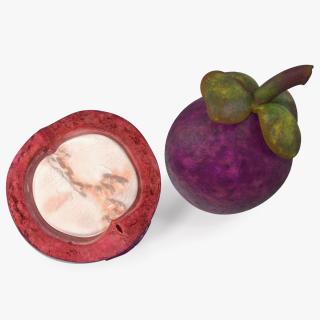 3D Purple Mangosteen Whole and Half Cut