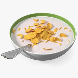 Bowl of Corn Flakes with Milk and Spoon 3D model