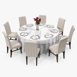 3D Round Restaurant Table Served With 8 Chairs model