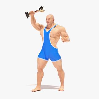 Bodybuilder in Blue Leotard and Trophy Cup 3D