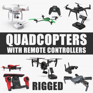 3D Quadcopters with Remote Controllers Rigged Collection model