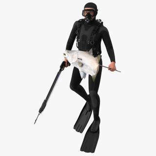 3D Diver with Underwater Speargun and Fish Rigged