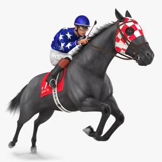 3D Jumping Black Racing Horse with Jokey Fur