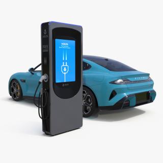 3D model Electric Car Charging Station and Xiaomi Aqua Blue