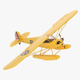 Piper J-3 Cub Light Aircraft with Floats Rigged 3D