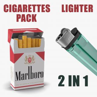 3D Cigarettes Pack Marlboro and Lighter 3D Models