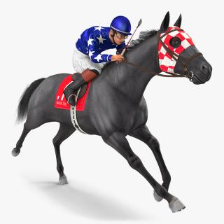 Black Racing Horse with Jockey Running Fur 3D