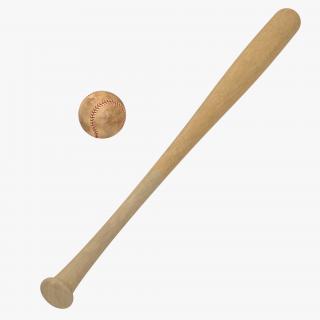 Baseball and Wooden Baseball Bat 2 3D model