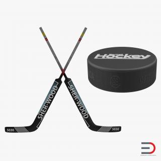 3D Goalie Hockey Stick and Puck 3D Models model