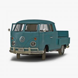 3D Volkswagen Type 2 Double Cab Pick Up Rigged Blue model