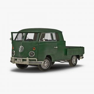 3D Volkswagen Type 2 Double Cab Pick Up Rigged Green 2