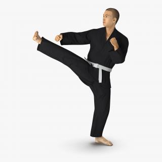 3D model Japanese Karate Fighter Black Suit Pose 2 with Fur