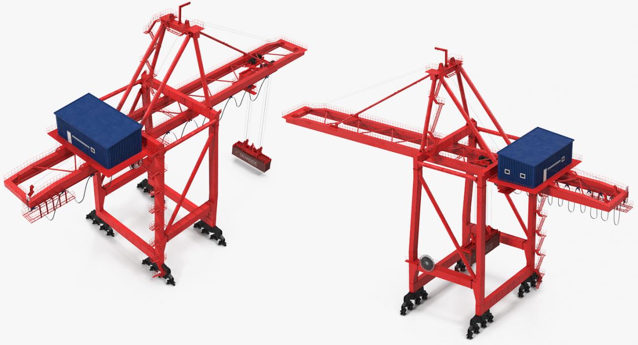 3D Port Container Crane Rigged Red with Container